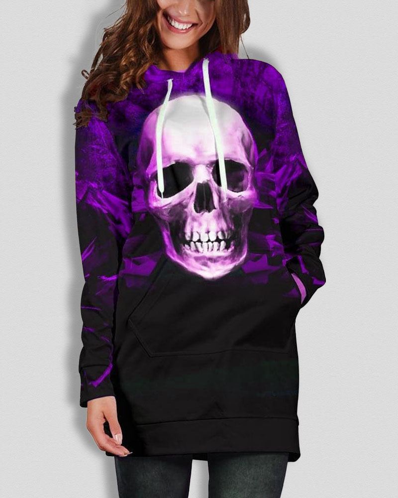 

Halloween Skull Print Ombre Long Sleeve Drawstring Hoodie, Purple