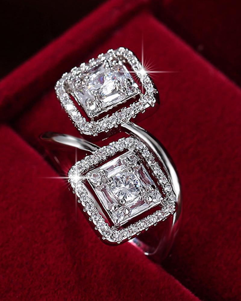 

1pc Rhinestone Double Square Opening Ring, Silver