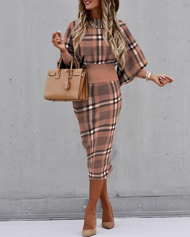

Plaid Print Lantern Sleeve Bodycon Dress, Brown