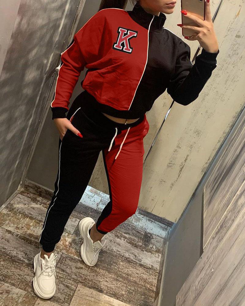 

Colorblock Long Sleeve Top & Drawstring Pants Set, Red