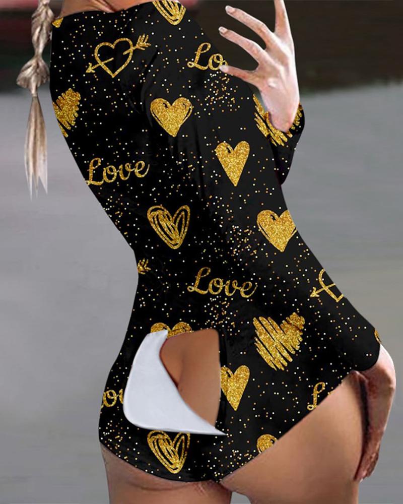 

Valentine' Day Heart Print Functional Buttoned Flap Sleep Onesie, Black