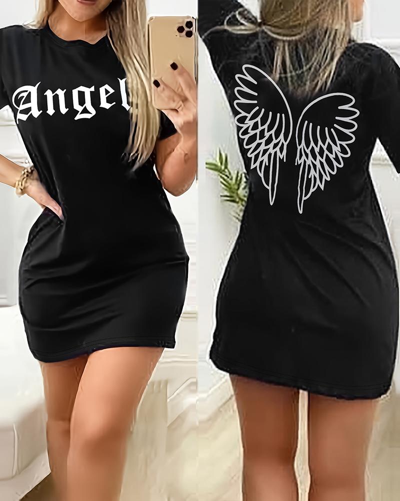 

Letter Print Wings Pattern Casual T-shirt, Black