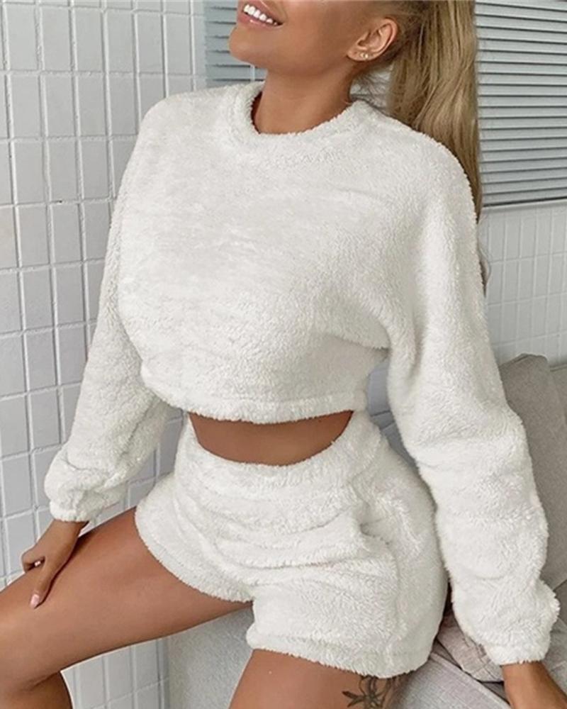 

Long Sleeve Teddy Top & Pocket Design Shorts Set, White