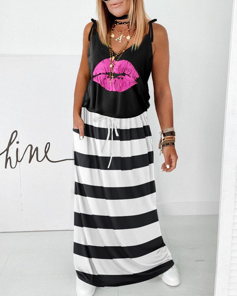 

Lip Print Striped Tied Detail Casual Dress, Black