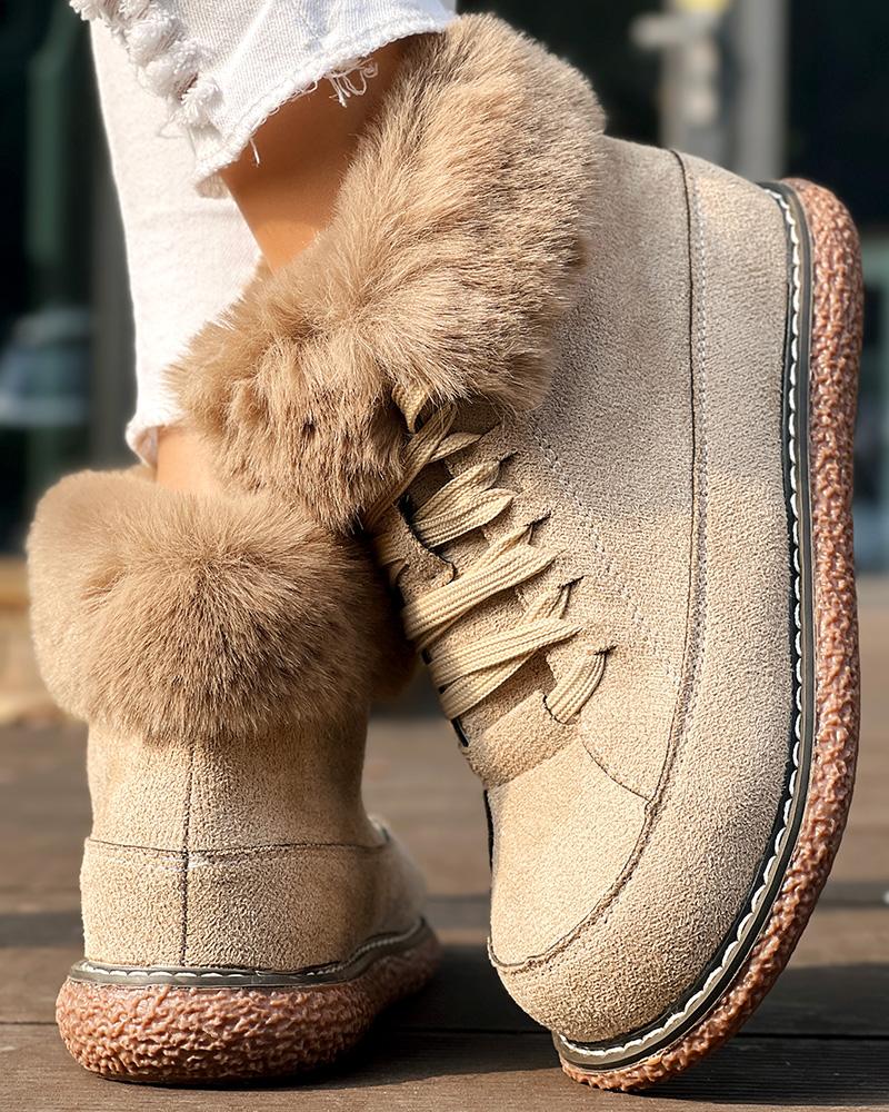 

Bottes de neige à lacets doublées avec détails pelucheux, Khaki