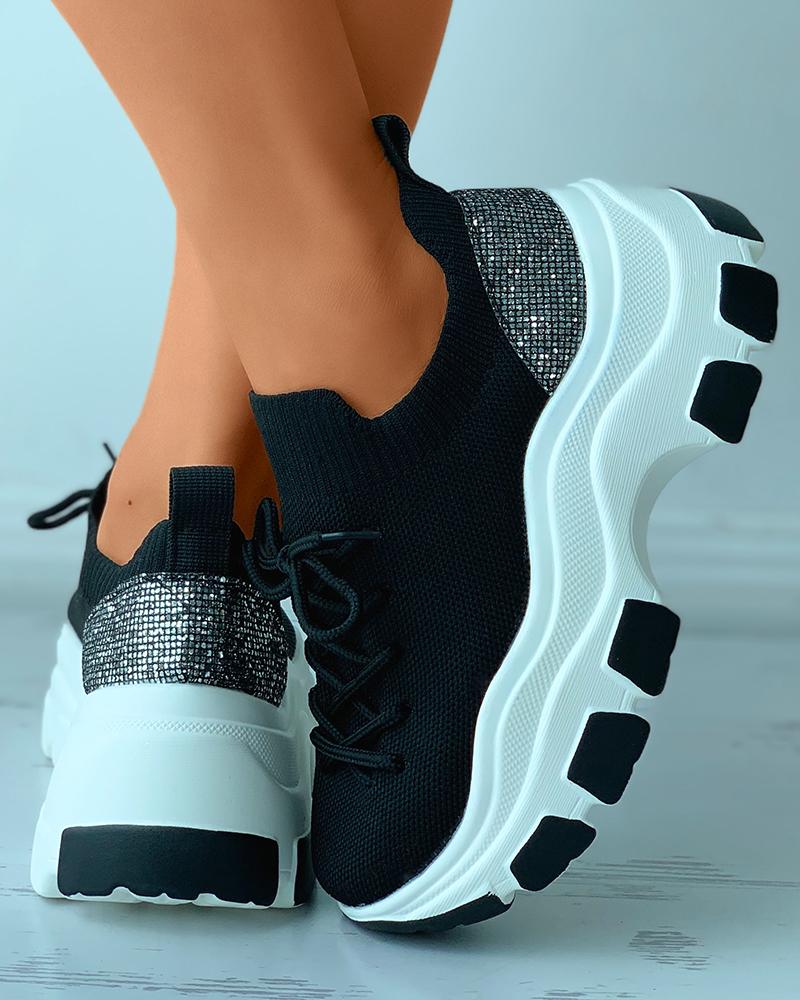 Colorblock Sequins Patch Knit Lace-up Sneakers