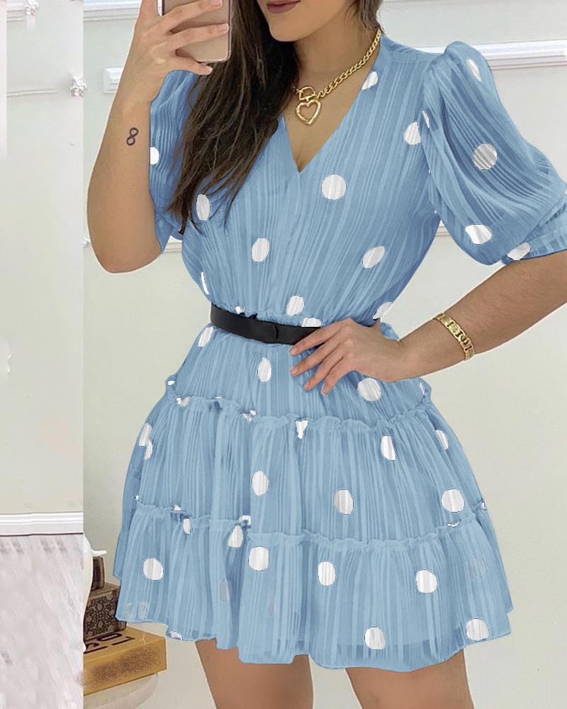 

Polka Dots Mesh Puff Sleeve Ruffles Casual Dress, Blue