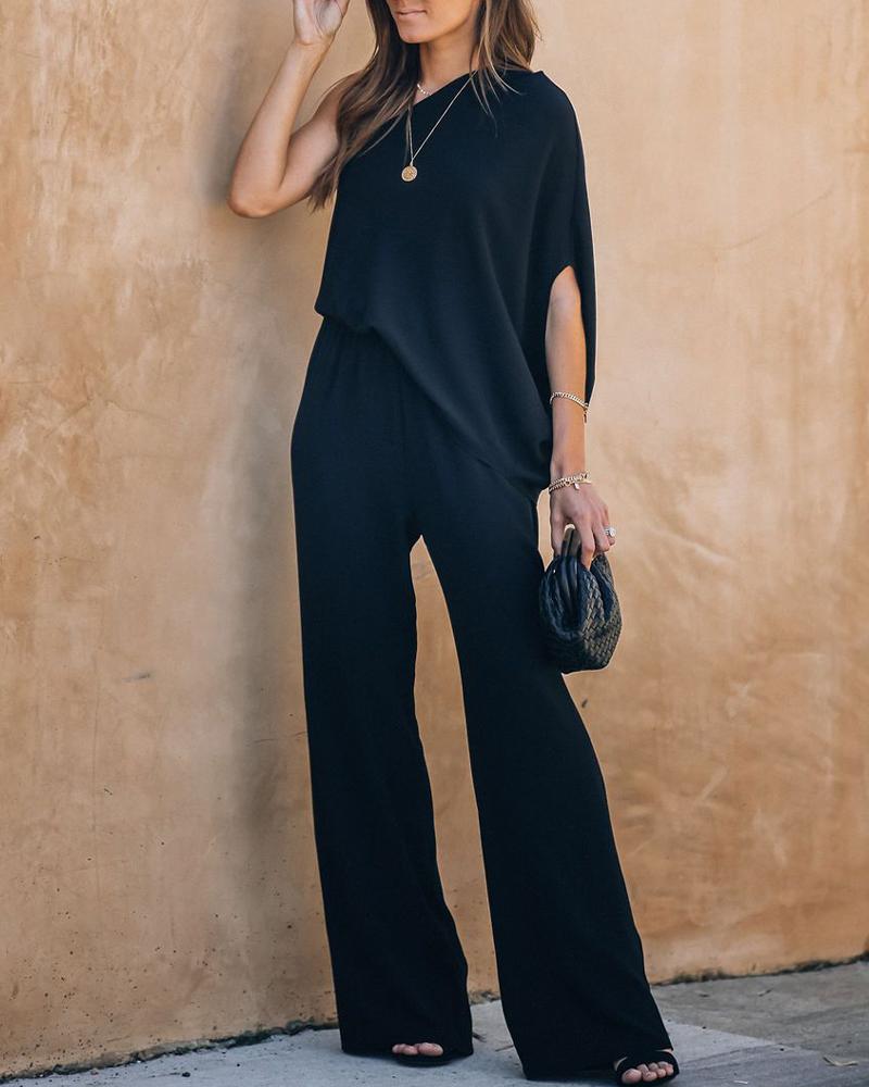 

One Shoulder Flare Leg Jumpsuit, Black