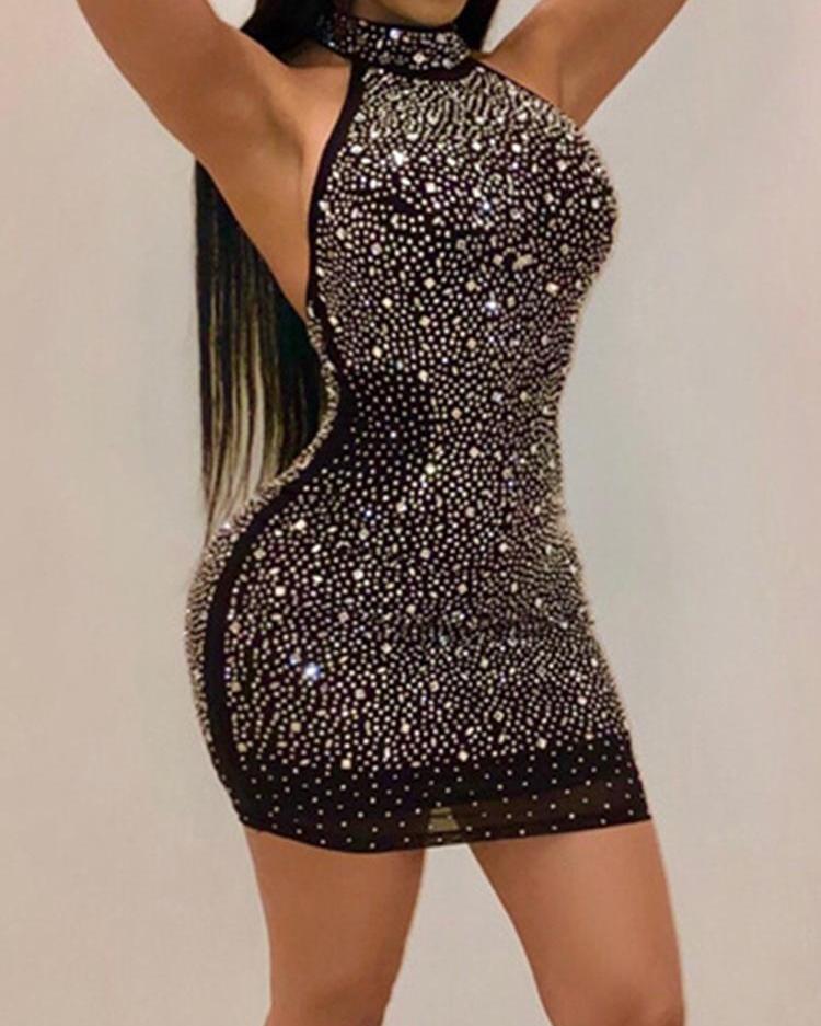 

Glittering Halter Backless Bodycon Dress, Black
