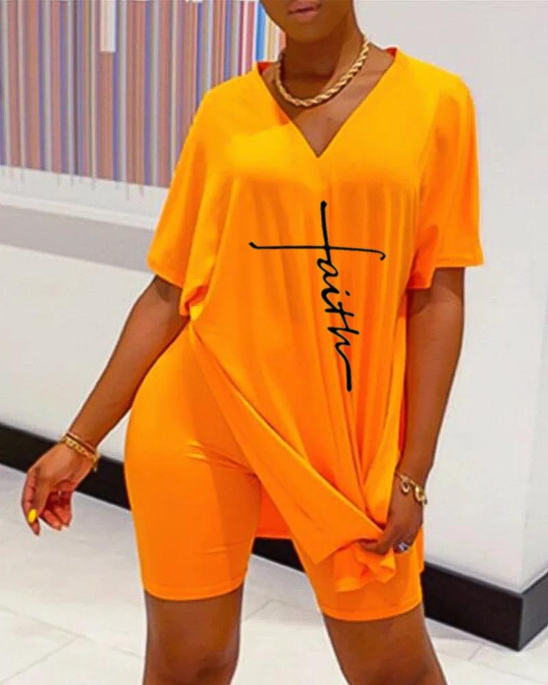 

Letter Print Split Hem Casual Top & Shorts Set, Orange