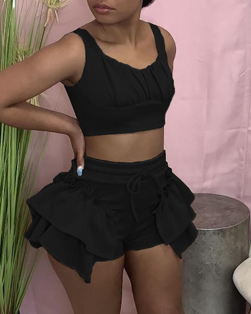 

Thick Strap Ruched Top & Ruffles Hem Skirt Set, Black