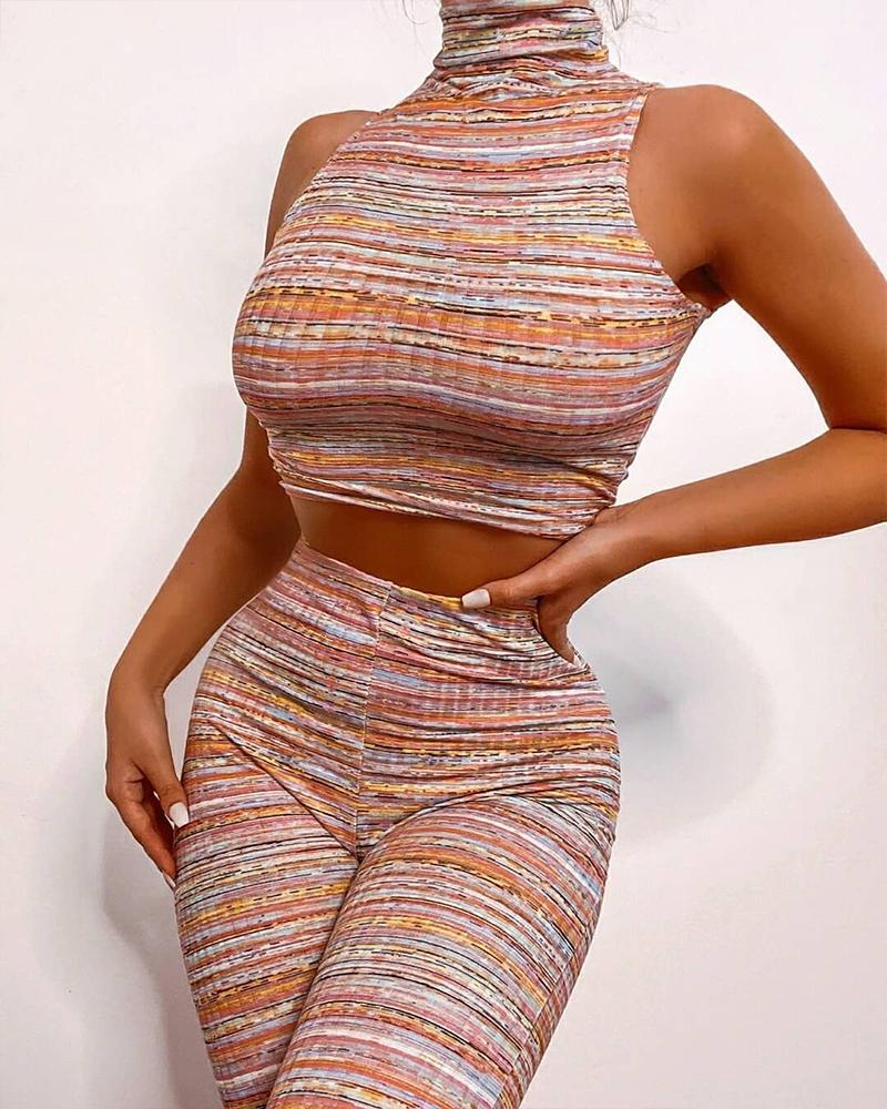 

Color Striped Print High Neck Sleeveless Crop Top & Skinny Pants Set, Multicolor