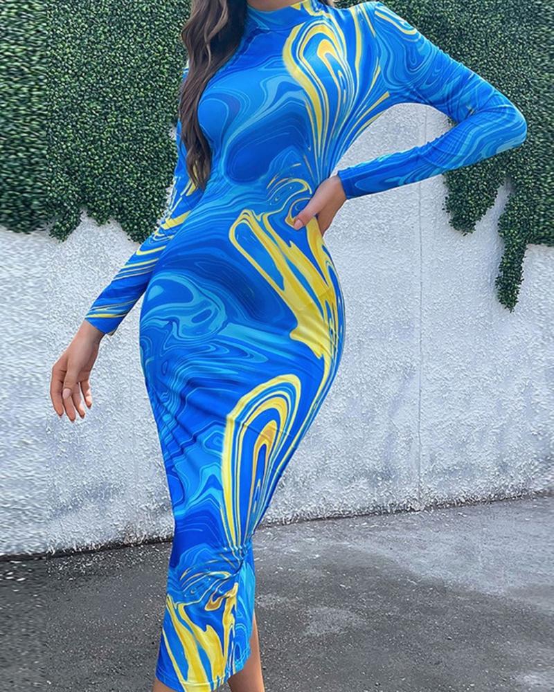 

Abstract Marble Print Split Back Long Sleeve Skinny Dress, Blue
