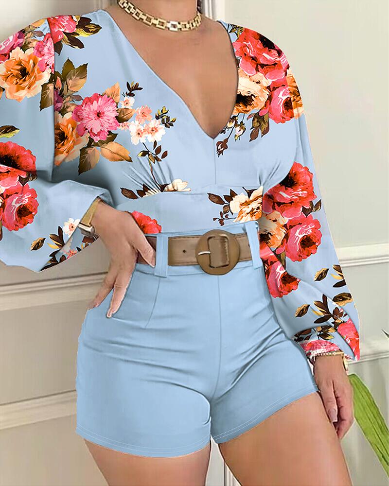 

Conjunto de pantalón corto y top de manga farol con estampado floral, Blue