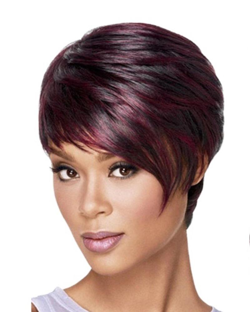 

Human Hair Blend Wig Straight Pixie Cut Layered Haircut Short Hairstyles Straight Natural Hairline Machine Made Red Wine Wig, Purple