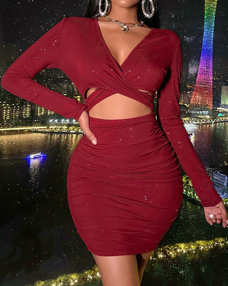 

V Neck Crisscross Cutout Glitter Party Dress, Wine red