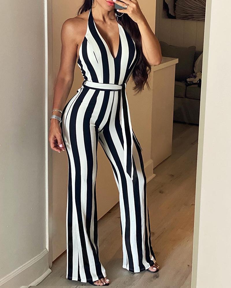 

Halter V Neck Striped Print Jumpsuit, Black