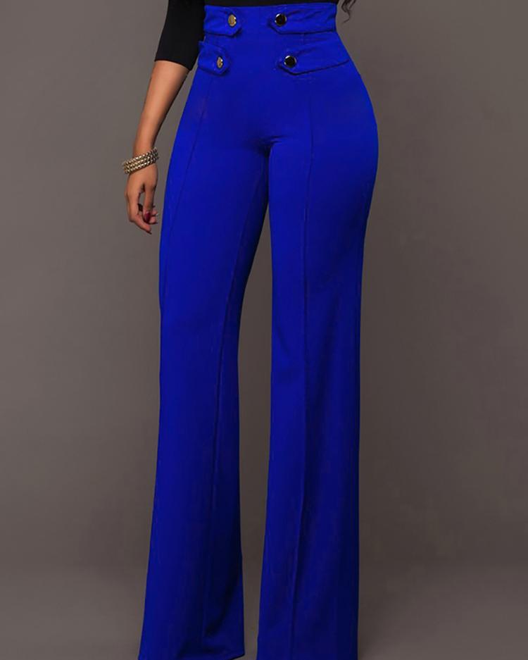

Buttoned High Waist Wide Leg Tailored Pants, Blue