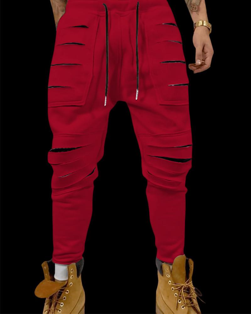 

Hip-hop Solid Ripped Loose Harem Feet Pants Sweatpants, Red
