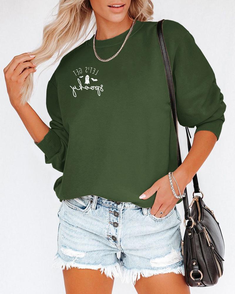 

Halloween O Neck Letter Graphic Print Sweatshirt, Green