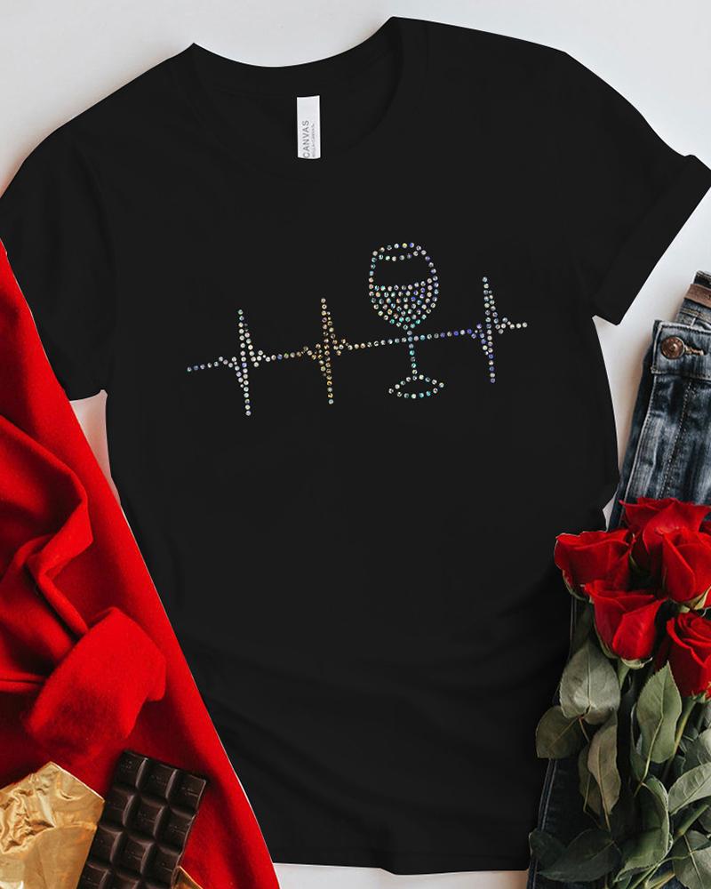 

Valentine' Day O-Neck Rhinestone Wine Glass Pattern Print T-shirt, Black