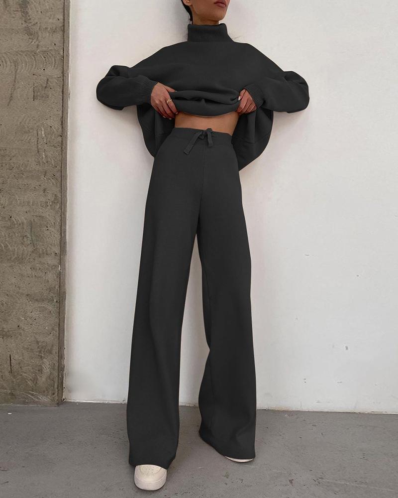 

Plain High Neck Top & Drawstring Wide Leg Pants Set, Black