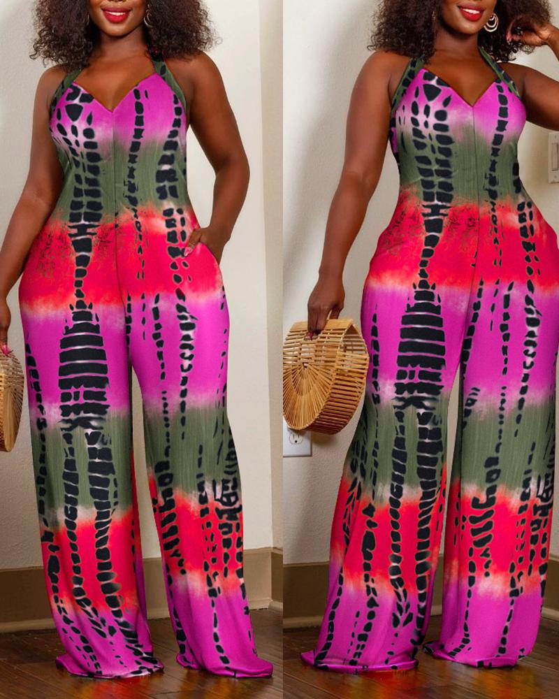 

Tie Dye Print Halter Backless Wide Leg Jumpsuit, Multicolor