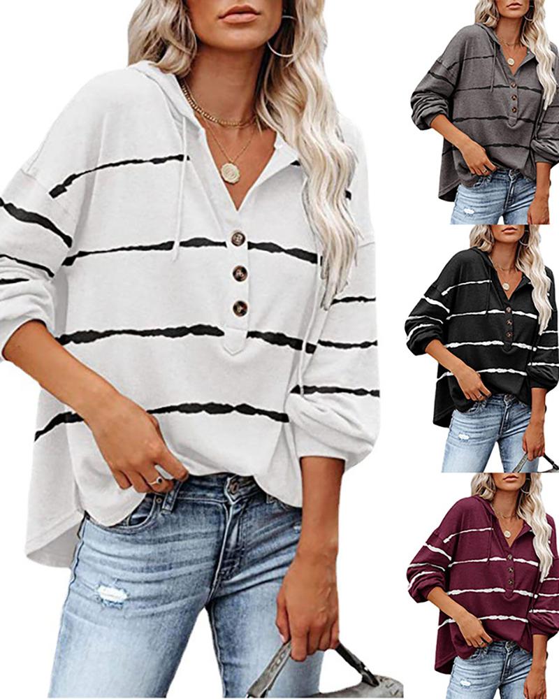 

Striped Button Front Long Sleeve Hooded Top, White