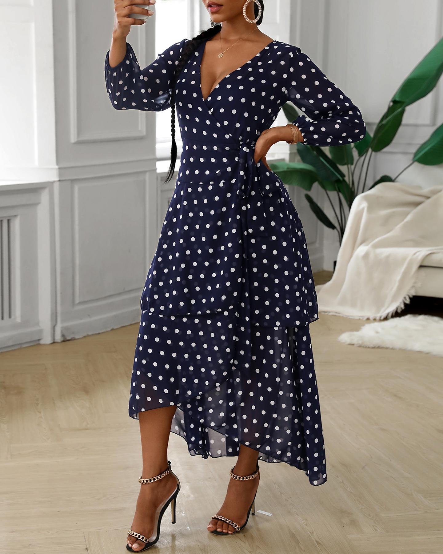 

Polkadot Print Layered Ruffles Maxi Dress, Blue