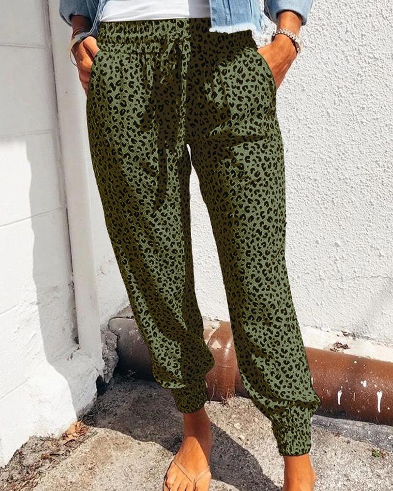 

High Waist Leopard Print Drawstring Pants, Green