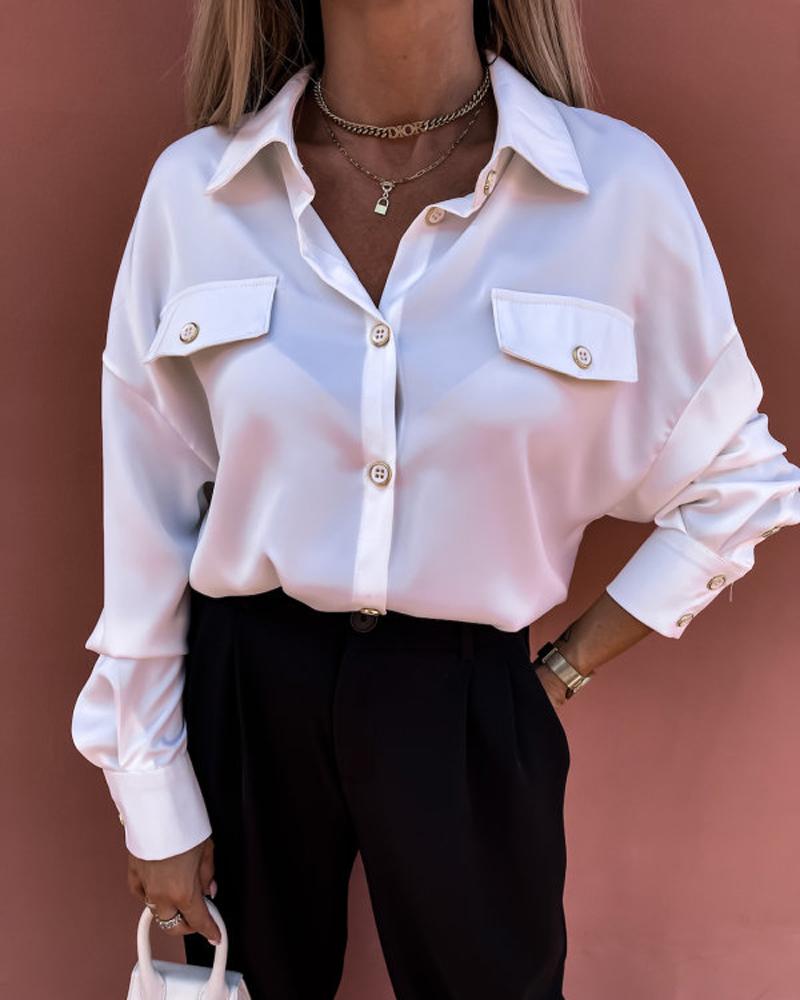 

Long Sleeve Flap Detail Button Down Shirt, White