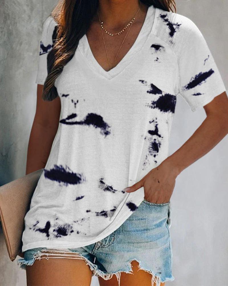 

Tie Dye Print V-Neck Short Sleeve Casual T-shirt, White