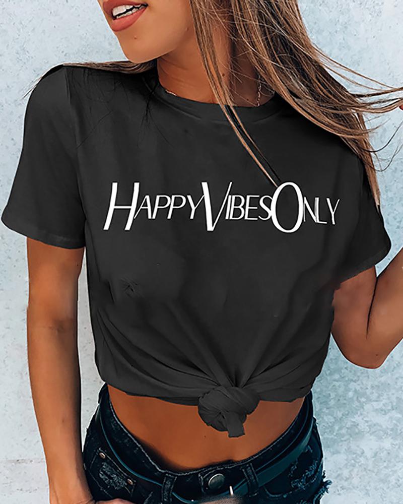 

Letter Print Short Sleeve Casual T-shirt, Black