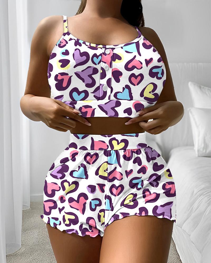 

Plus Size Heart Print Button Front Cami Set, Multicolor