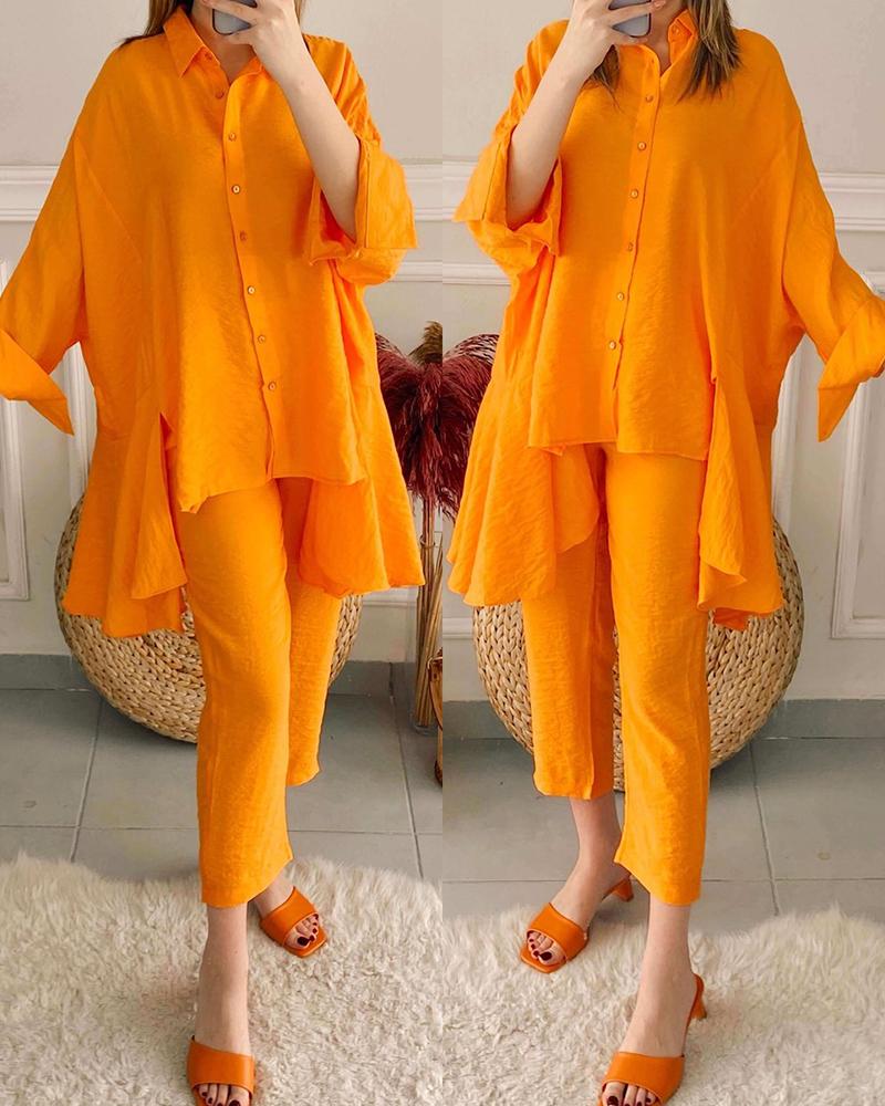 

Slit Asymmetrical Buttoned Shirt & Pants Set, Orange