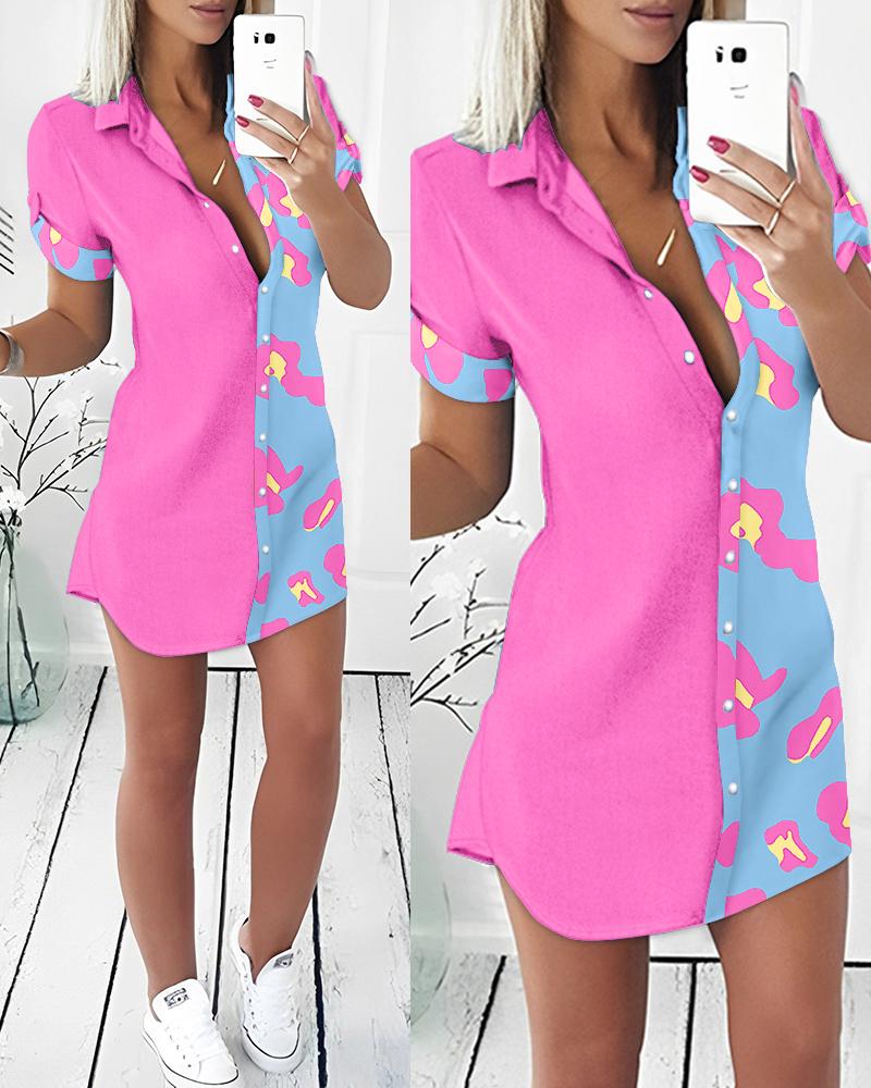 

Leopard Print Colorblock Buttoned Shirt Dress, Pink