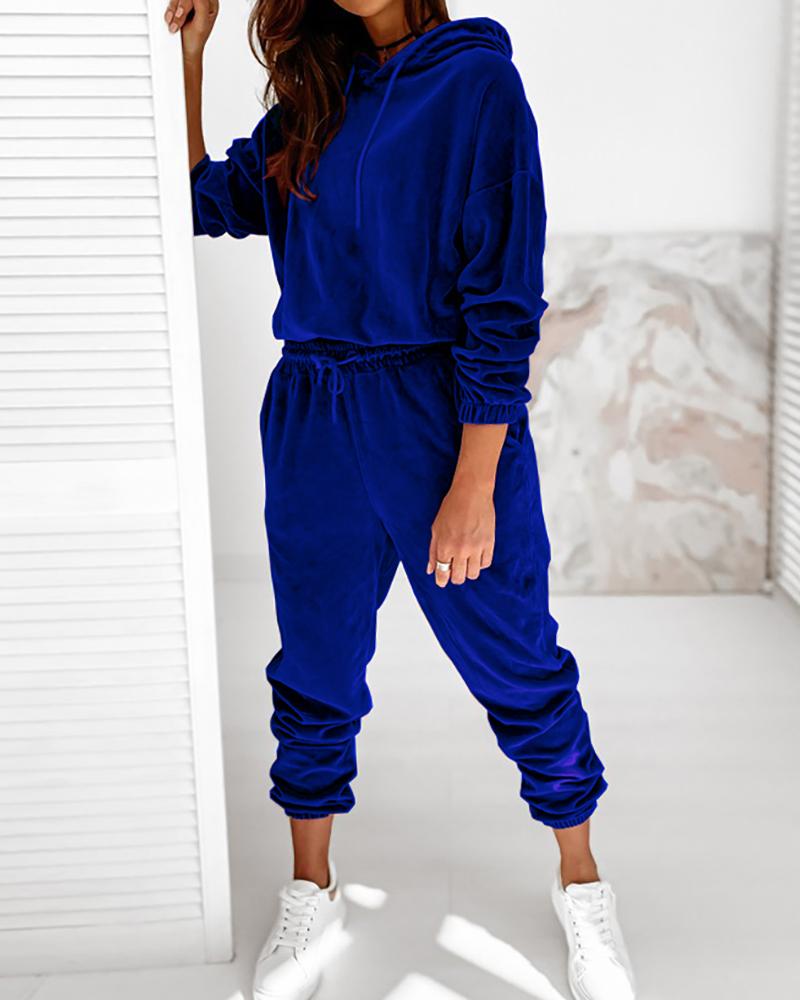 

Plain Long Sleeve Hooded Top & Drawstring Pants Set, Blue
