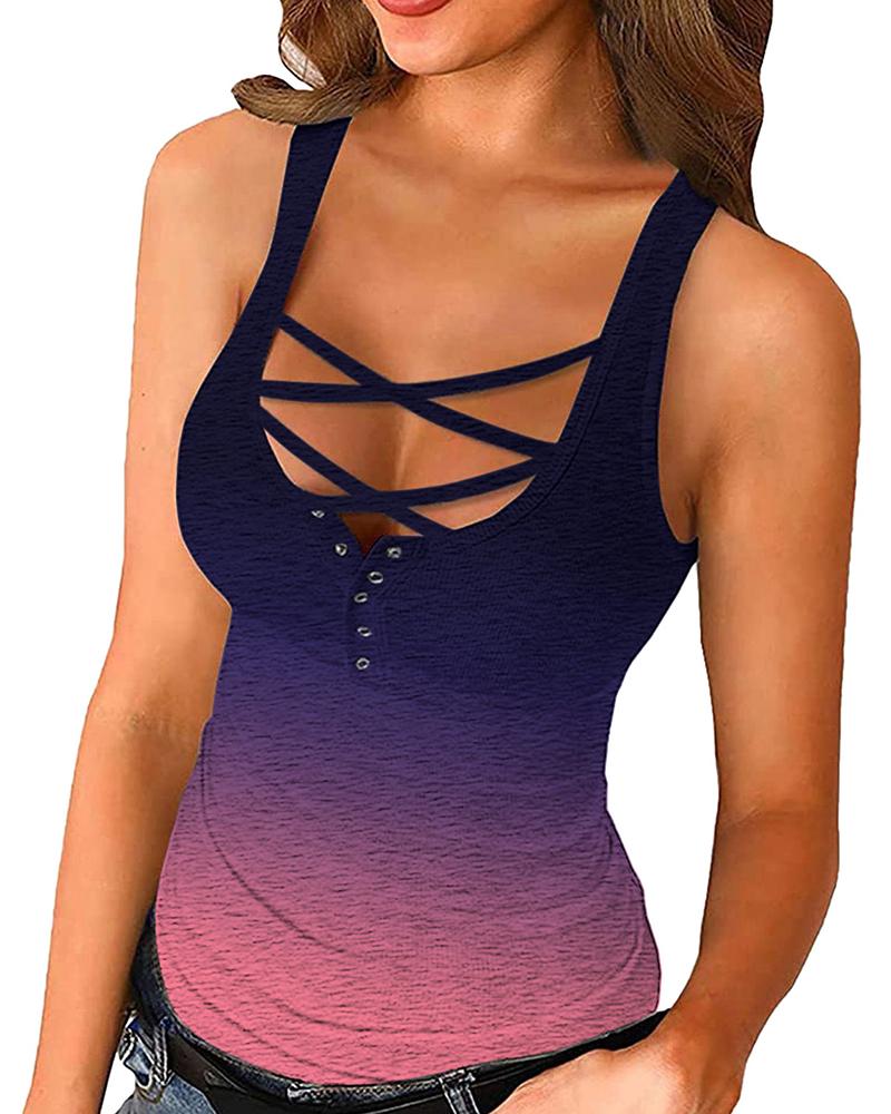 

Ombre Colorblock Button Design Lace-up Tank Top, Purple