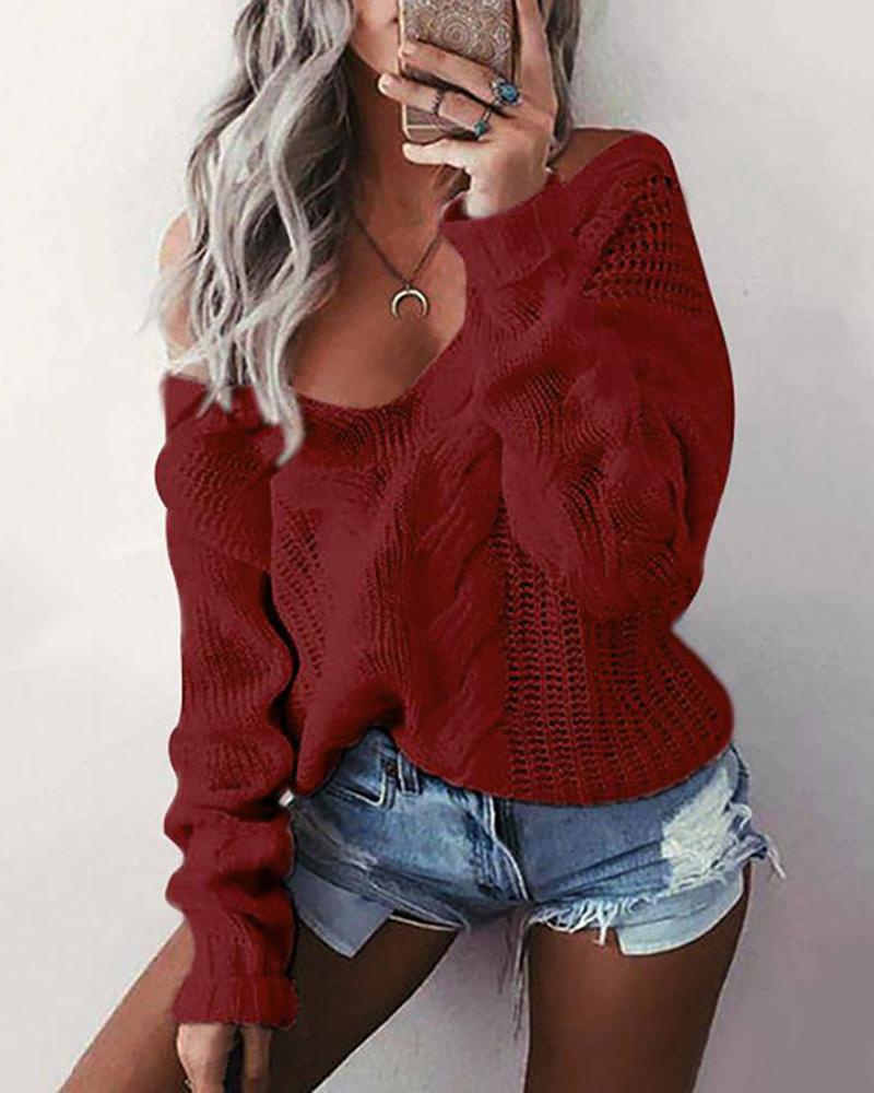 

Long Sleeve Hollow Out Knit V-Neck Sweater, Wine red