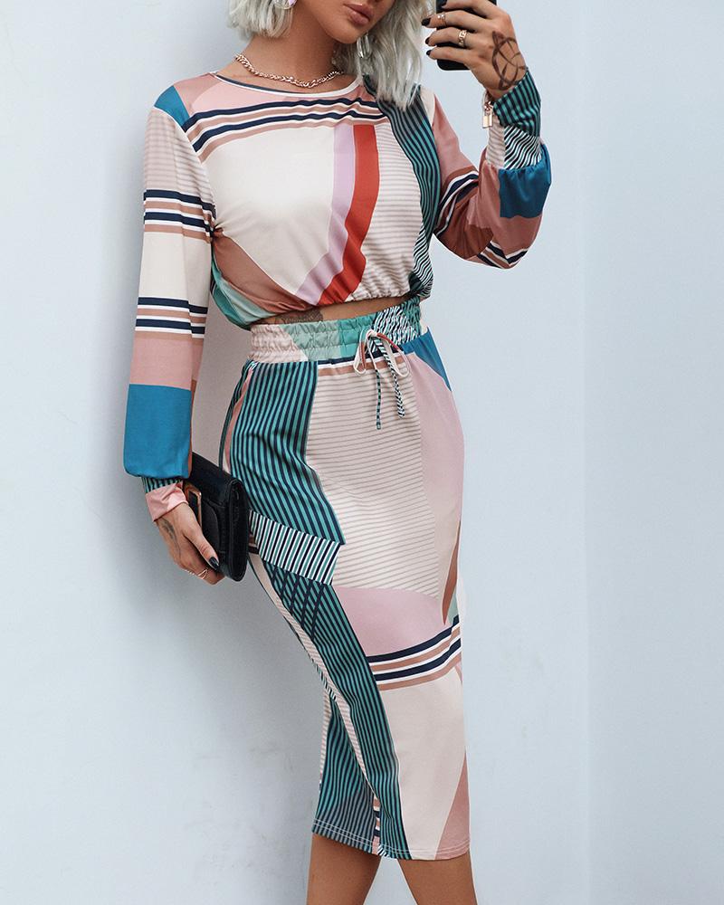 

Striped Print Long Sleeve Top & Drawstring Shirred Skirt Set, Multicolor
