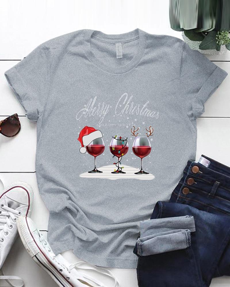

Christmas Wine Glasses Letter Print Short Sleeve T-shirt, Gray