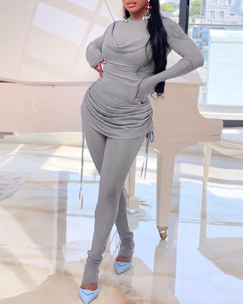 

Sheer Mesh Zipper Design Jumpsuit & Drawstring Dress Set, Gray