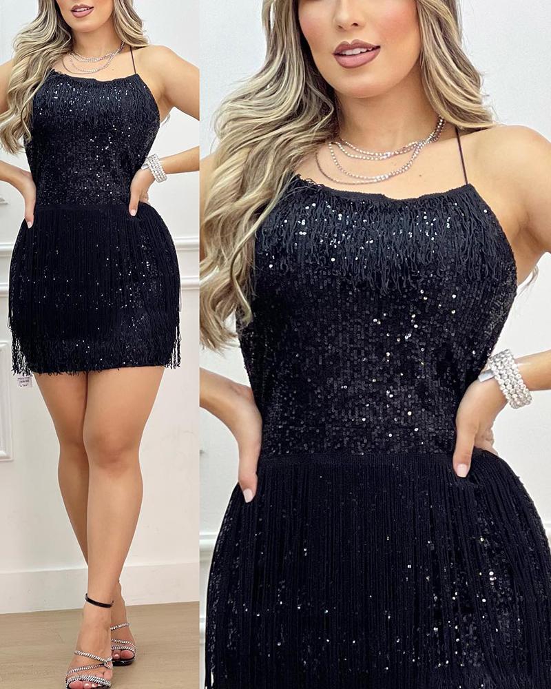 

Halter Sequin Tassel Design Party Dress, Black