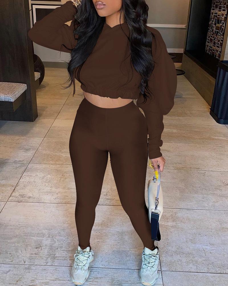 

Gigot Sleeve Hooded Crop Top & Pants Set, Coffee