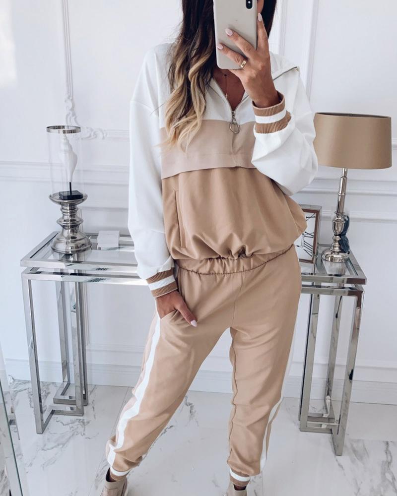 

Colorblock Long Sleeve Hooded Sweatshirt & Sweatpants Set, Khaki