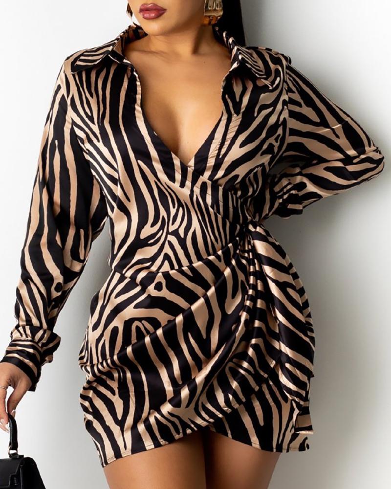

Zebra Stripe / Tie Dye Print Knotted Ruched Dress, Black