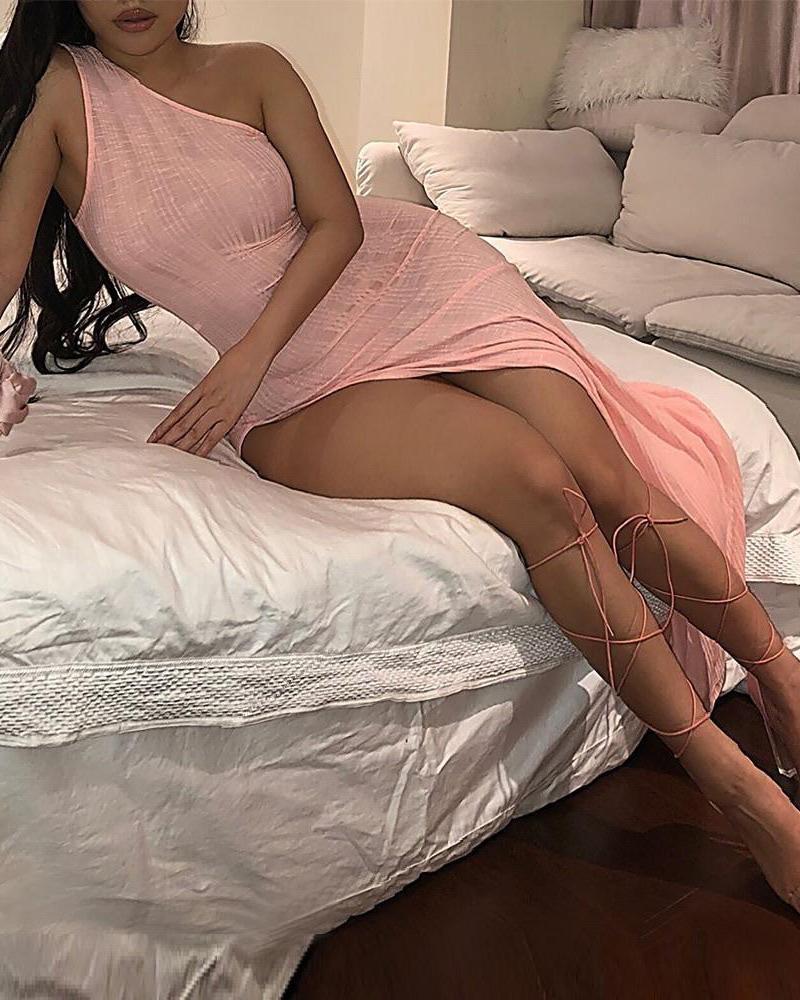 

One Shoulder High Slit Skinny Maxi Dress, Pink