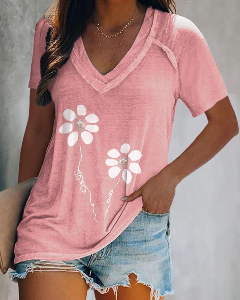 

V-neck Floral Prin Short Sleeve Casual T-shirt, Pink