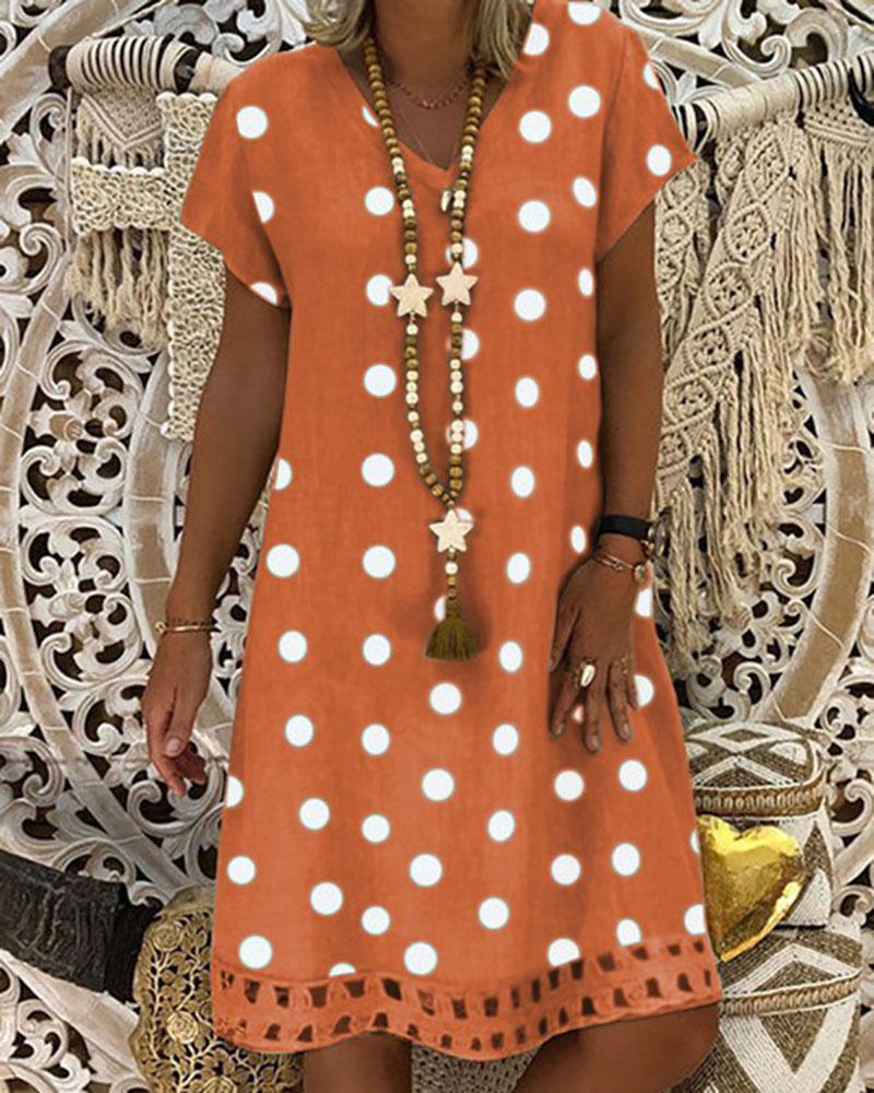 

Polka Dot Print V-Neck Casual Dress, Orange
