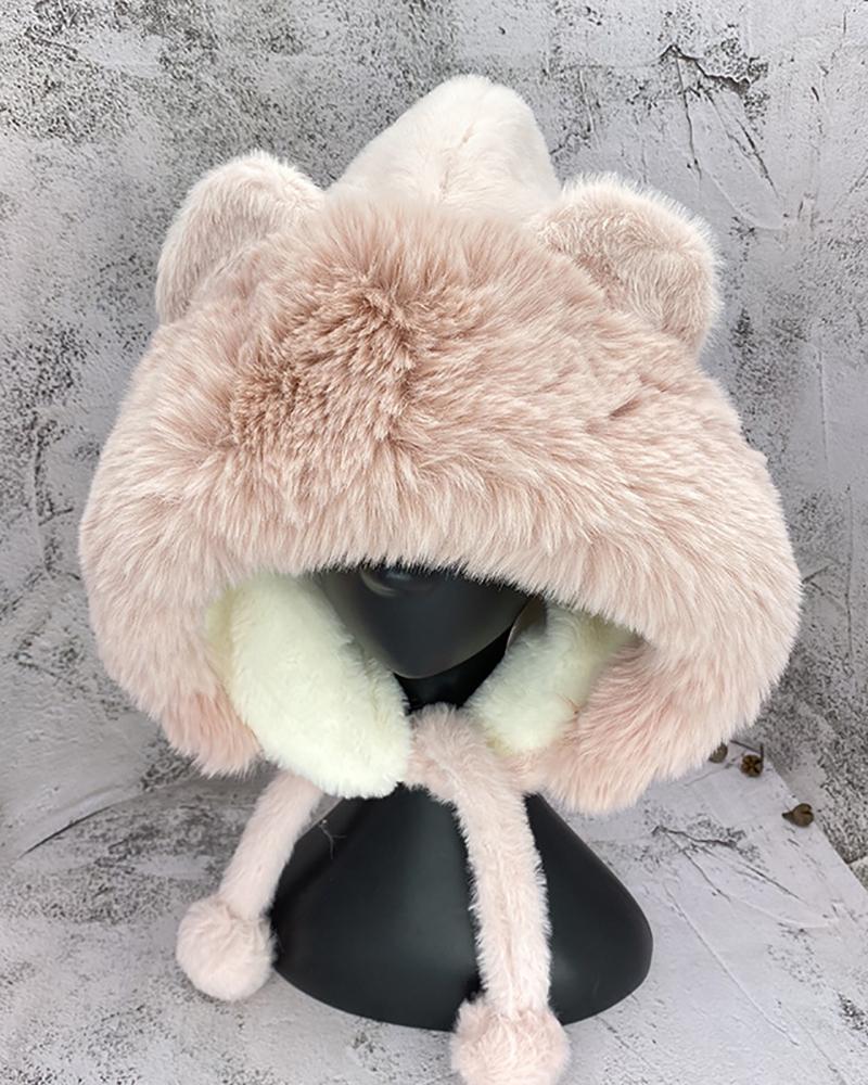 

Ear Protection Pom Pom Decor Fluffy Lei Feng Hat, Pink